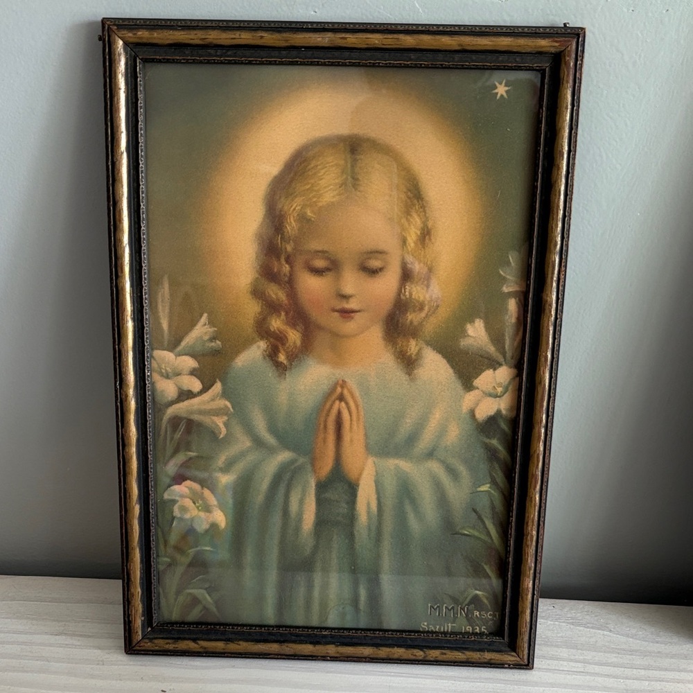 Vintage (1935) Framed Praying Child Lithograph
